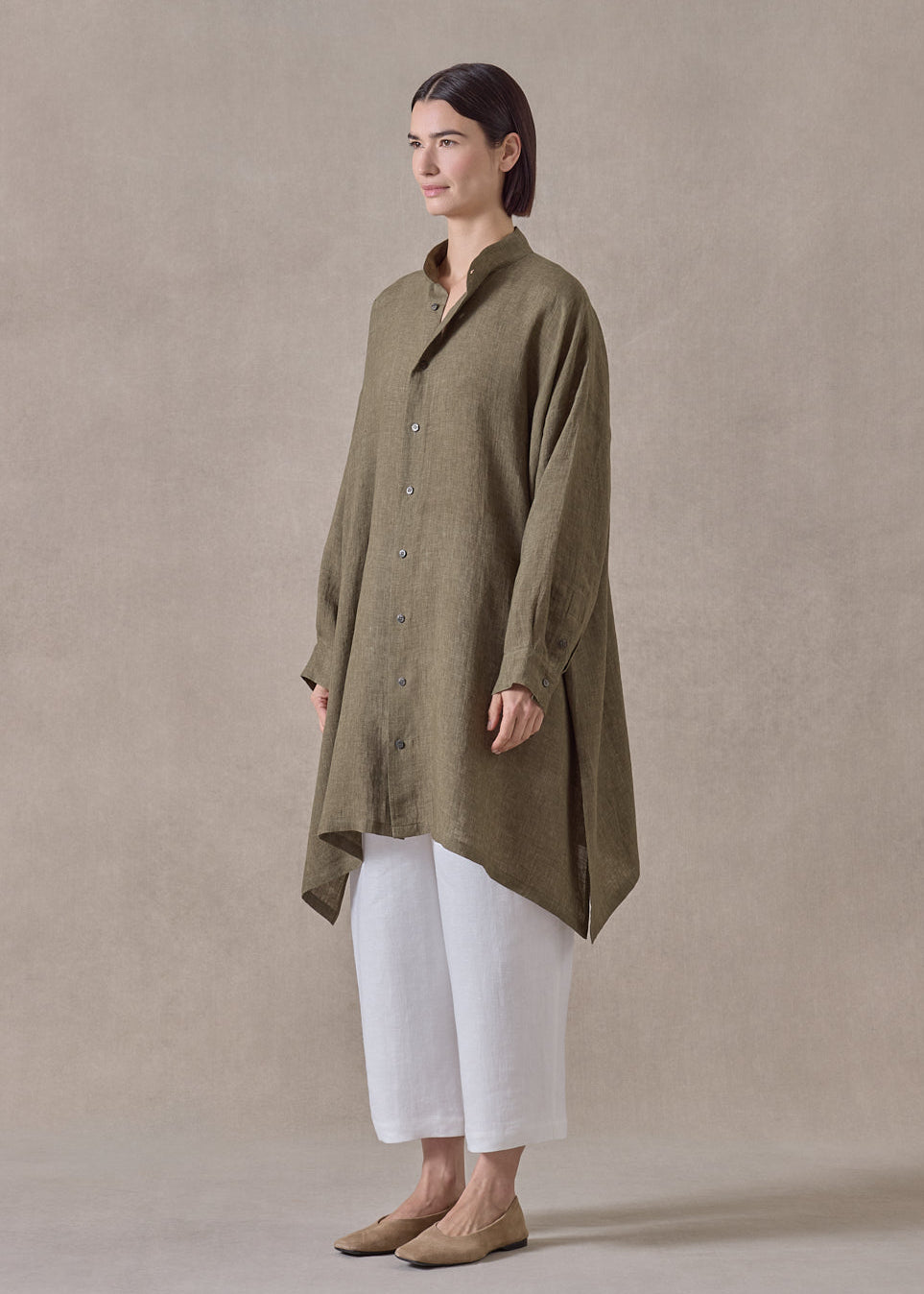linen wide a-line collarless shirt - very long with slits (olivebronze)