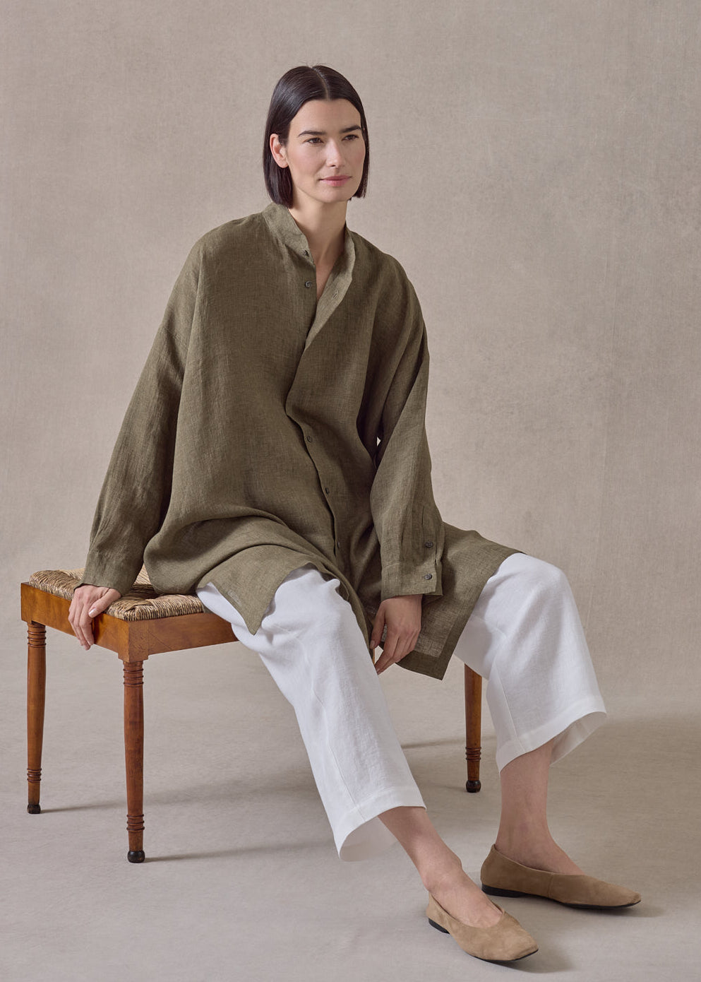 linen wide a-line collarless shirt - very long with slits (olivebronze)