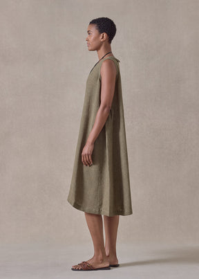 linen 3/4 length side pleated sleeveless dress