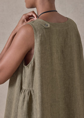 linen 3/4 length side pleated sleeveless dress