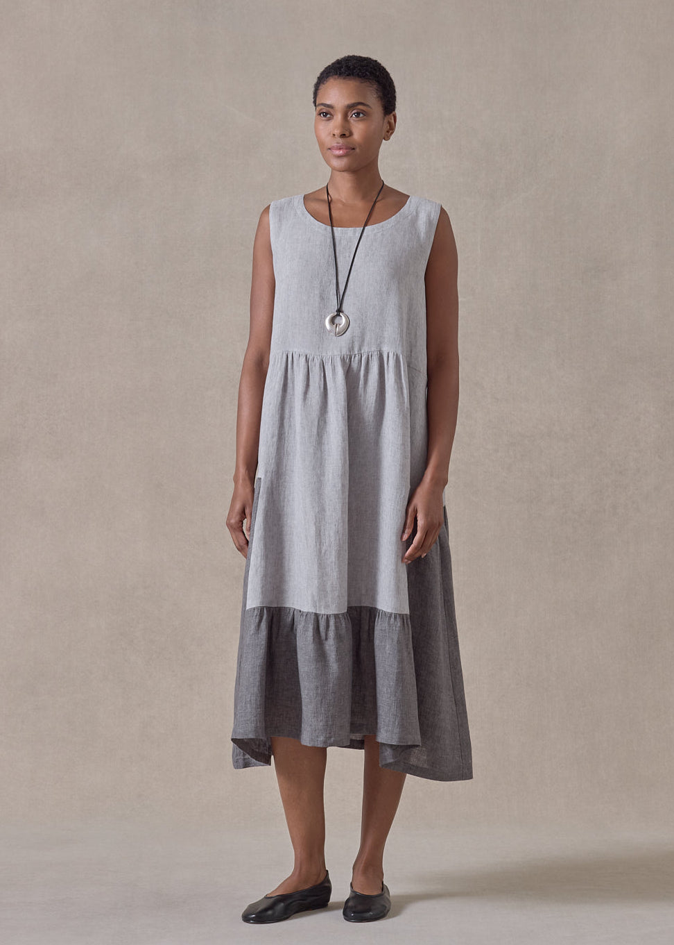 linen two tone tiered pleated sleeveless dress (greymix)