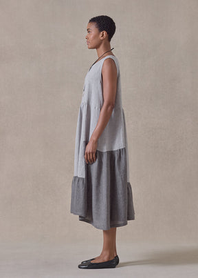 linen two tone tiered pleated sleeveless dress (greymix)