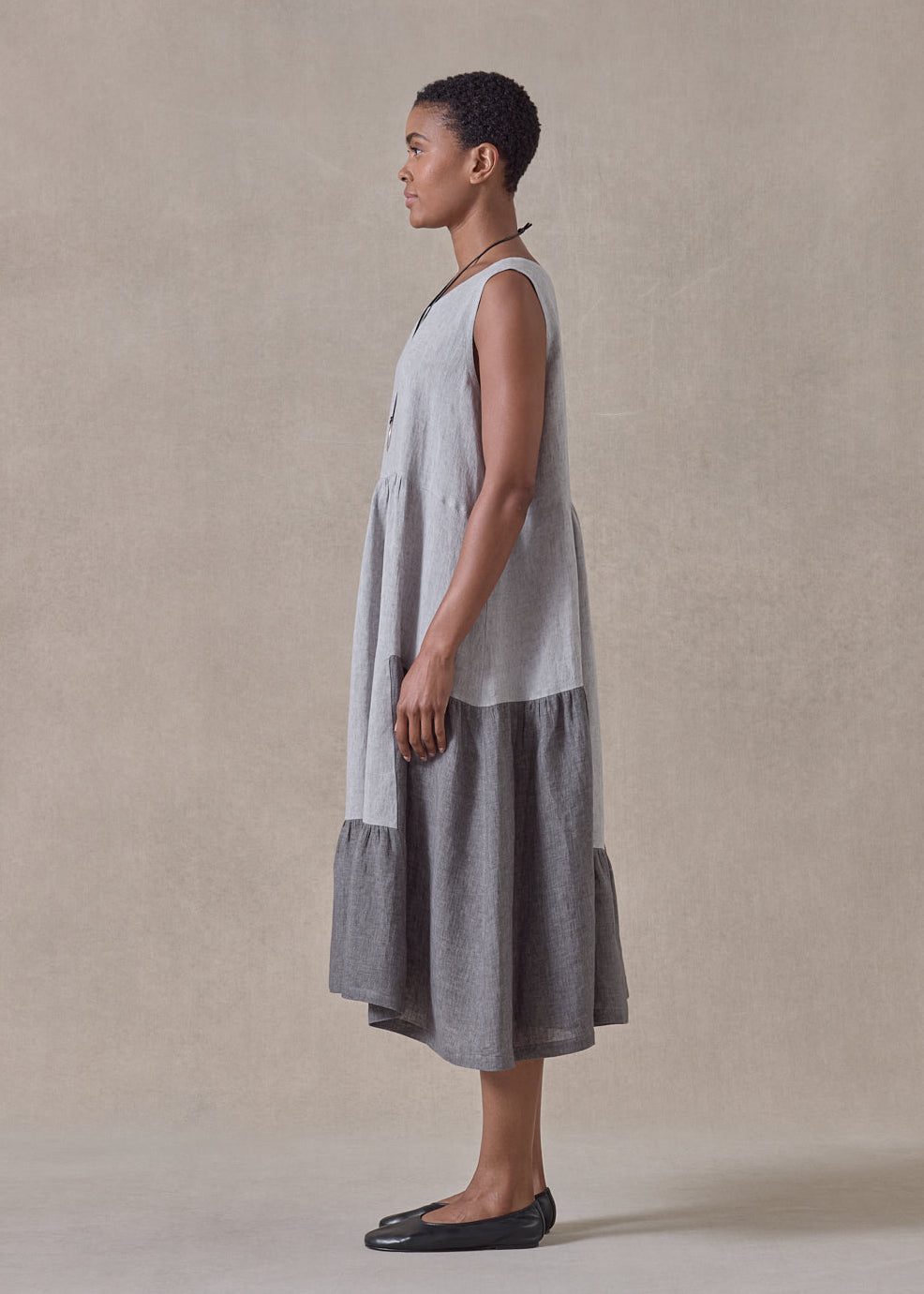 linen two tone tiered pleated sleeveless dress (greymix)