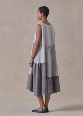 linen two tone tiered pleated sleeveless dress (greymix)
