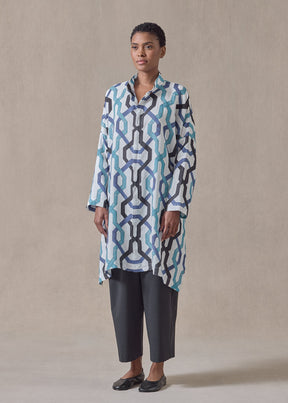 handkerchief linen wide collarless shirt - very long with slits (blues)