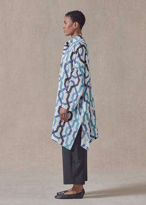 handkerchief linen wide collarless shirt - very long with slits (blues)