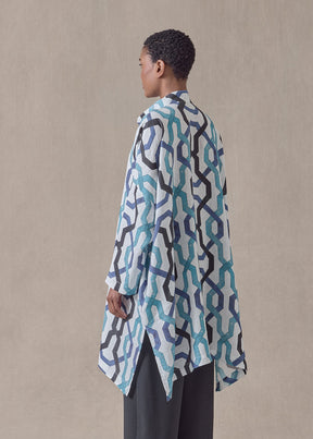 handkerchief linen wide collarless shirt - very long with slits (blues)