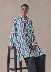 handkerchief linen wide collarless shirt - very long with slits (blues)