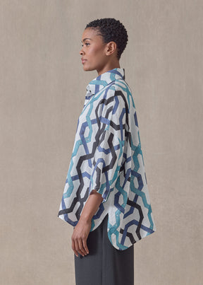 linen sloped shoulder wide a-line short sleeve shirt with collar - mid (blues)