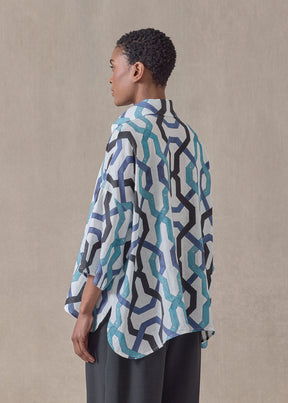 linen sloped shoulder wide a-line short sleeve shirt with collar - mid (blues)