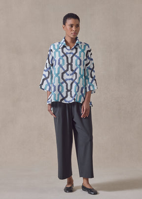linen sloped shoulder wide a-line short sleeve shirt with collar - mid (blues)
