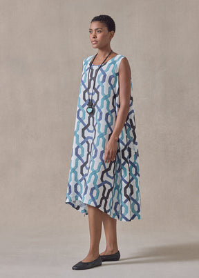 handkerchief linen 3/4 length side pleated sleeveless dress (blues)