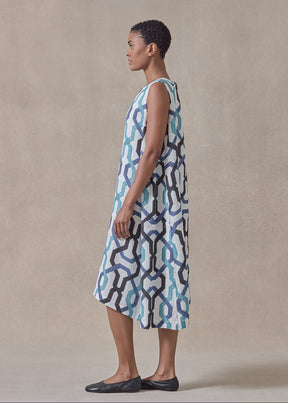 handkerchief linen 3/4 length side pleated sleeveless dress (blues)