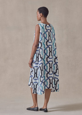 handkerchief linen 3/4 length side pleated sleeveless dress (blues)