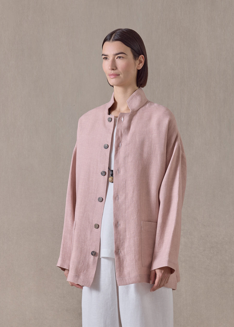 heavyweight linen achkan' stand collar jacket - long (rosepowder)
