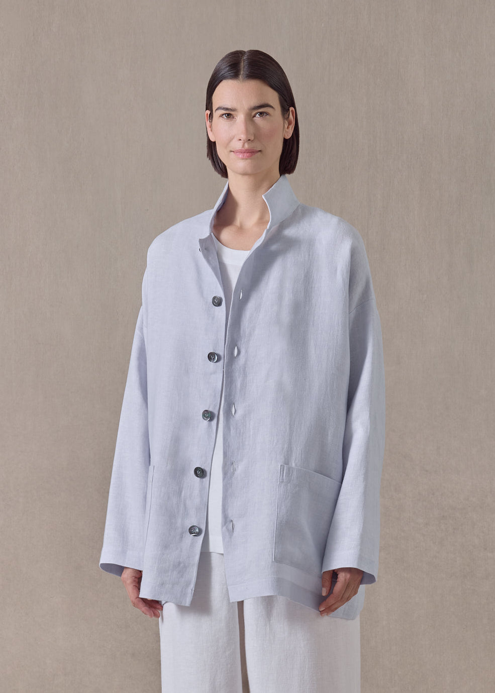 heavyweight linen achkan' stand collar jacket - long (silverperiwinkle)