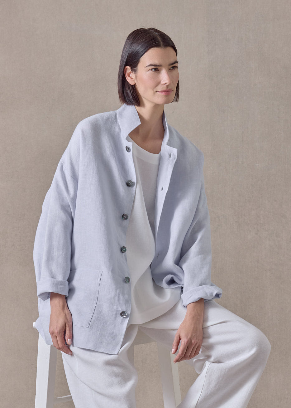 heavyweight linen achkan' stand collar jacket - long (silverperiwinkle)