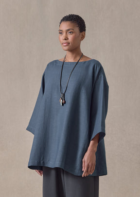 linen side panelled 3/4 sleeve scoop neck tunic  - long (marineblue)
