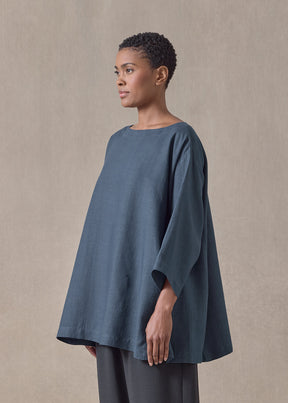 linen side panelled 3/4 sleeve scoop neck tunic  - long (marineblue)