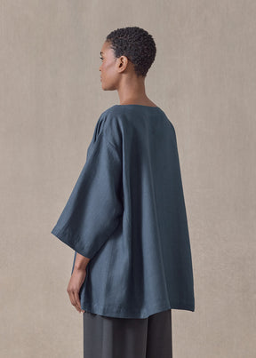 linen side panelled 3/4 sleeve scoop neck tunic  - long (marineblue)
