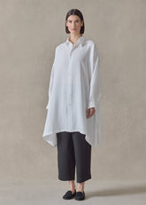 lightweight linen wide a-line shirt with collar - very long with slits (white)