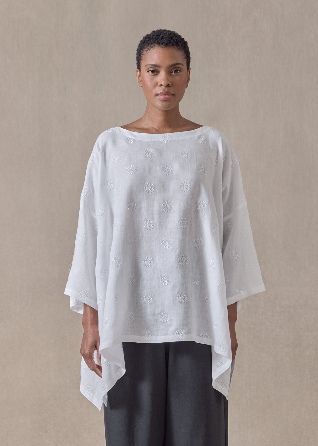 embroidered linen dps scoop neck 3/4 sleeve top - mid plus (white)