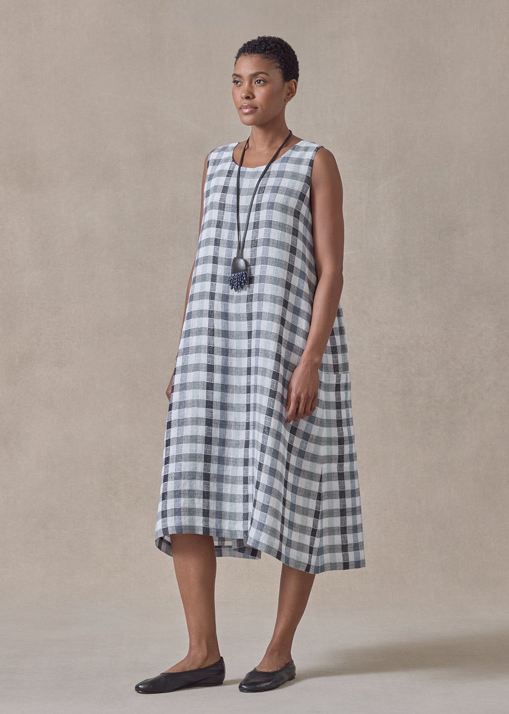 linen mix 3/4 length side pleated sleeveless dress (bluecheck)