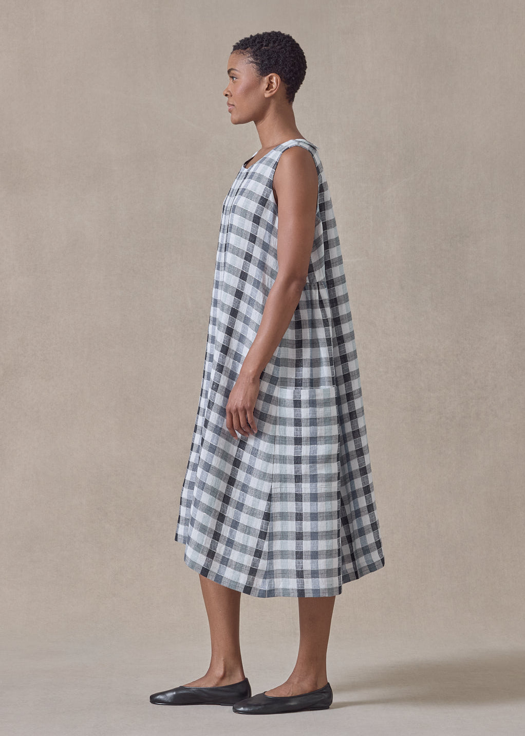 linen mix 3/4 length side pleated sleeveless dress (bluecheck)