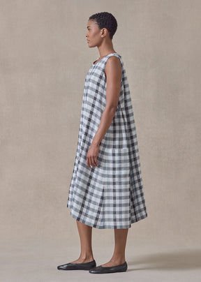 linen mix 3/4 length side pleated sleeveless dress (bluecheck)