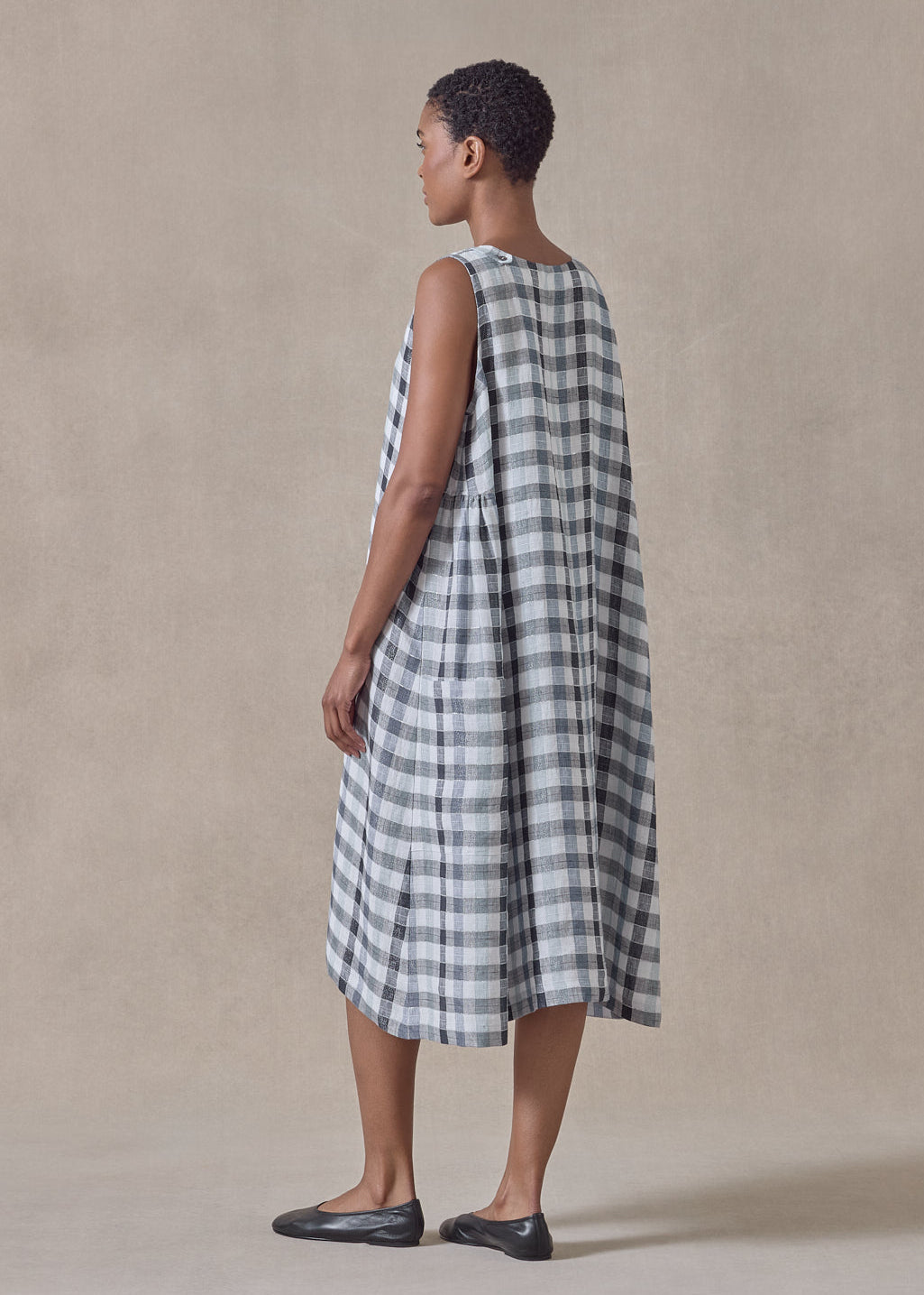 linen mix 3/4 length side pleated sleeveless dress (bluecheck)