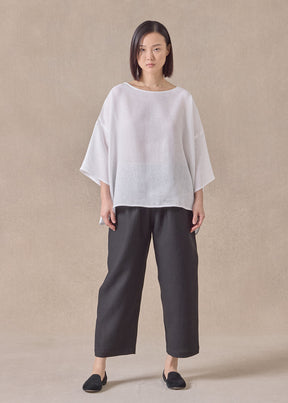 handkerchief linen sloped shoulder wide a-line scoop neck top - mid (white)