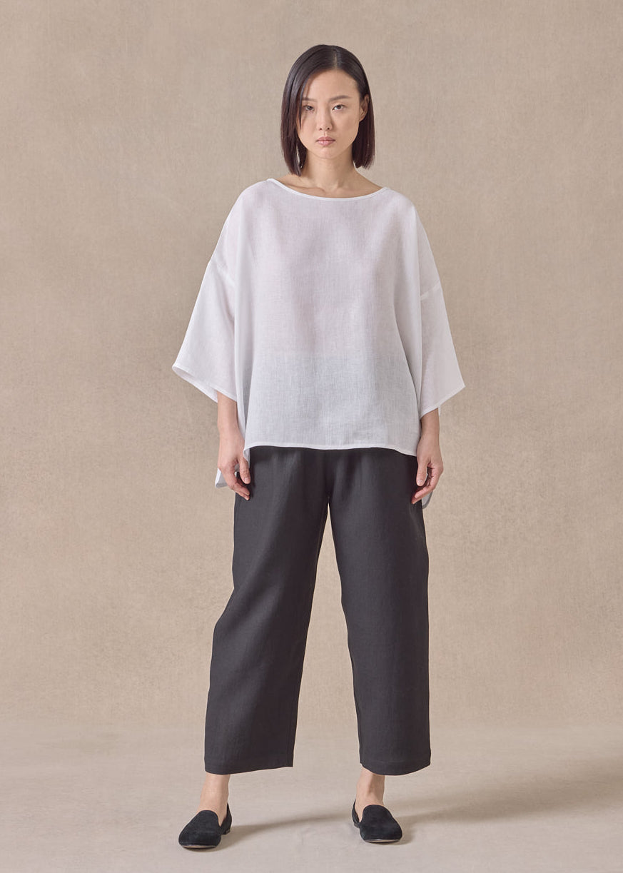 handkerchief linen sloped shoulder wide a-line scoop neck top - mid (white)
