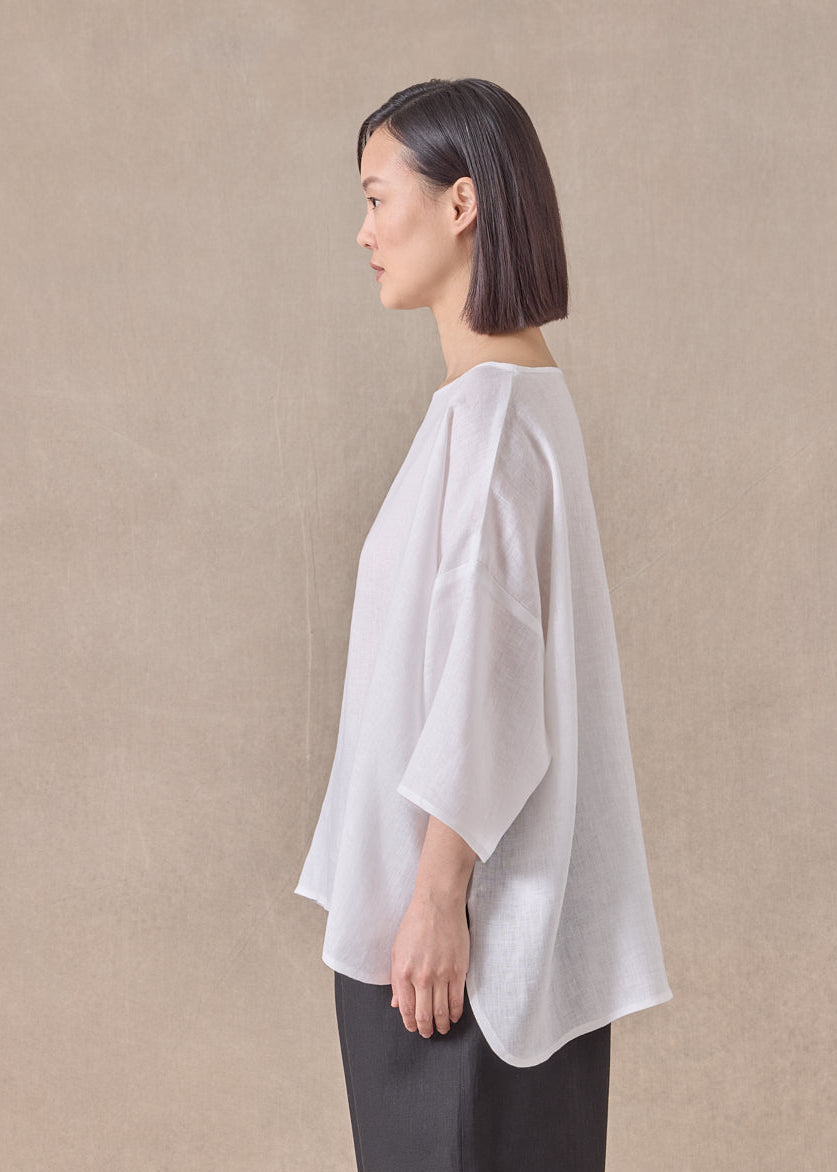 handkerchief linen sloped shoulder wide a-line scoop neck top - mid (white)