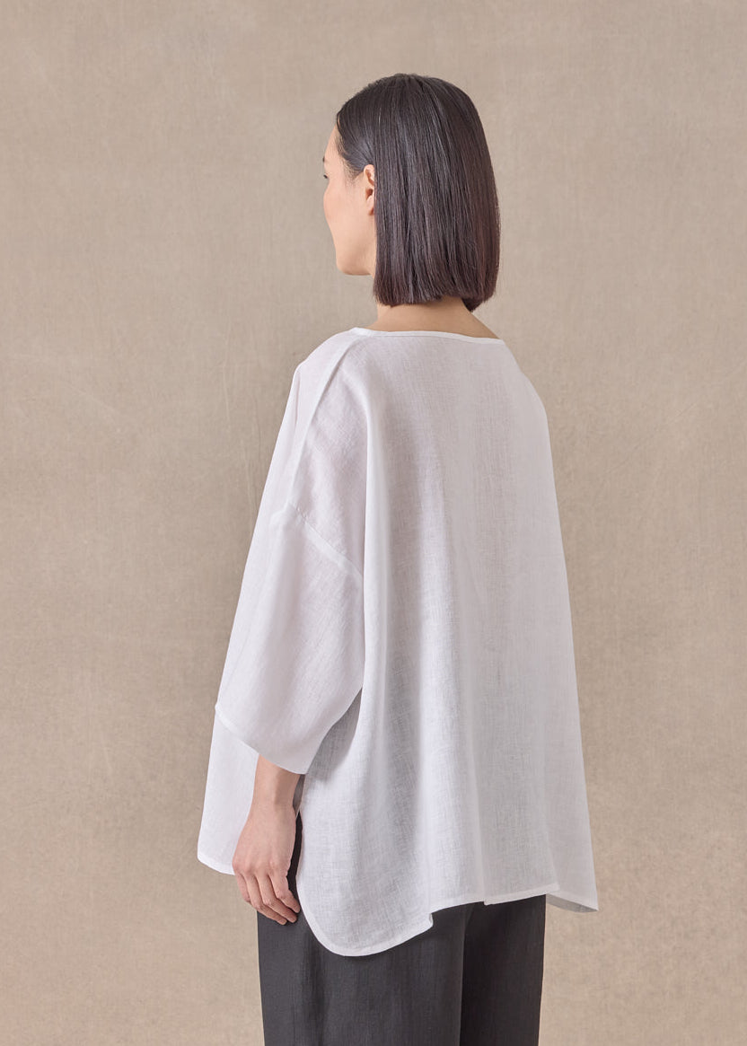 handkerchief linen sloped shoulder wide a-line scoop neck top - mid (white)