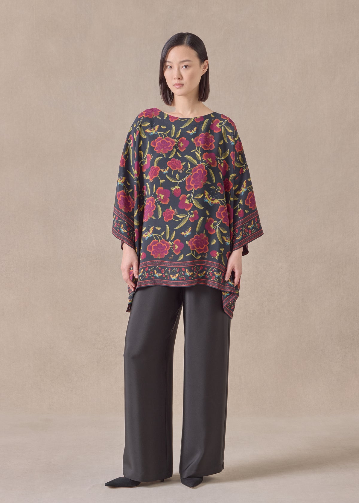 silk 3/4 sleeve bateau neck tunic - long