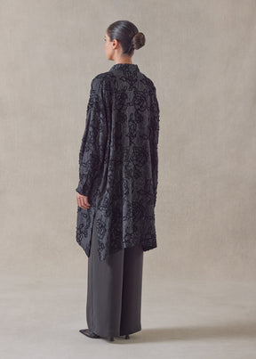 silk mix wide a-line collarless shirt - very long with slits