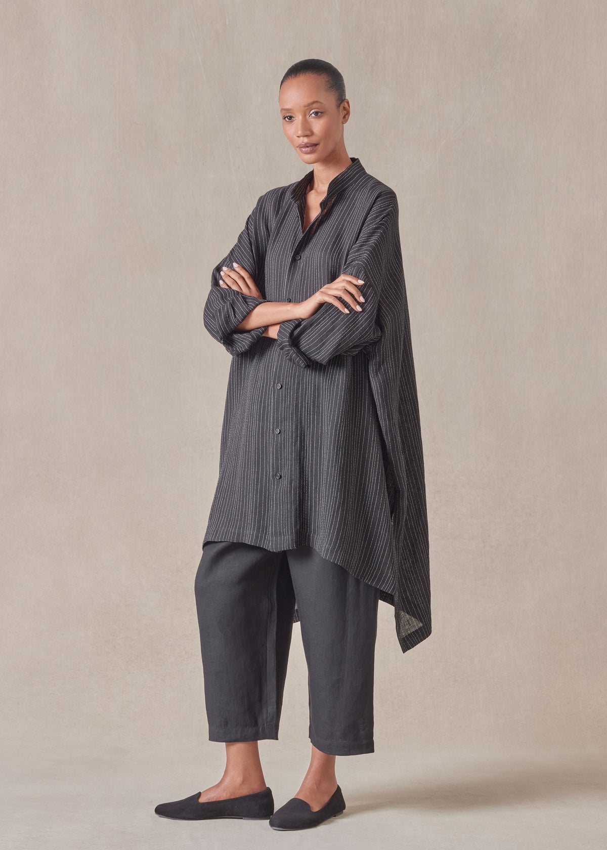 linen cotton mix wide longer back collarless shirt  - very long with slits