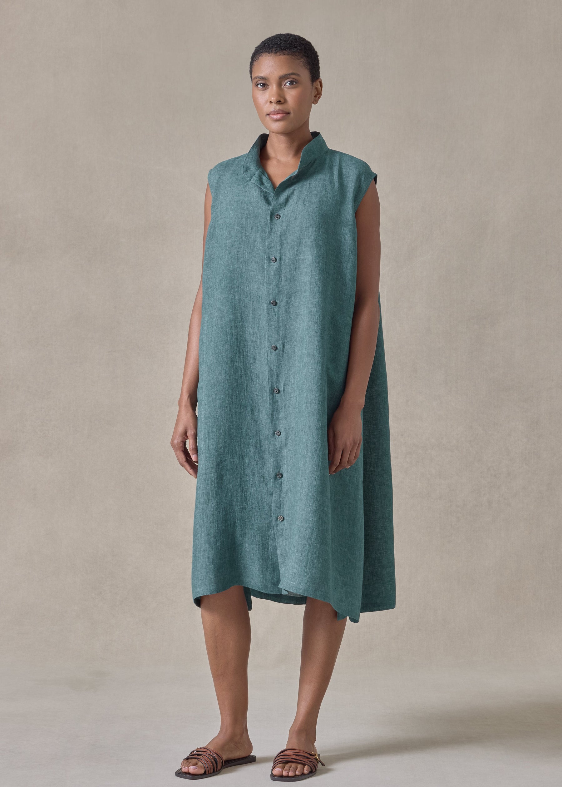 linen a-line collarless sleeveless shirt dress linen a-line collarless sleeveless shirt dress
