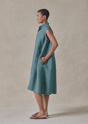 linen a-line collarless sleeveless shirt dress