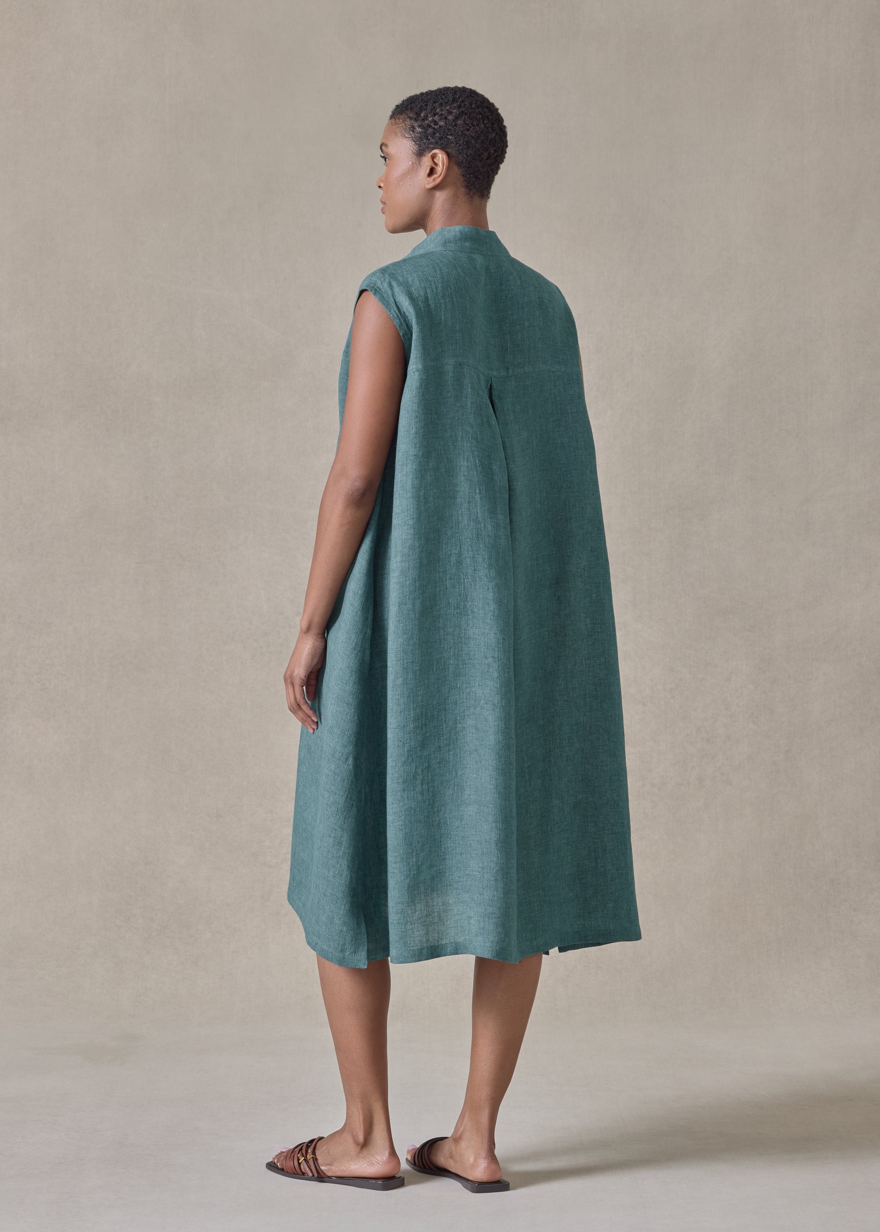 linen a-line collarless sleeveless shirt dress