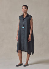 linen a-line collarless sleeveless shirt dress