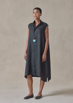 linen a-line collarless sleeveless shirt dress