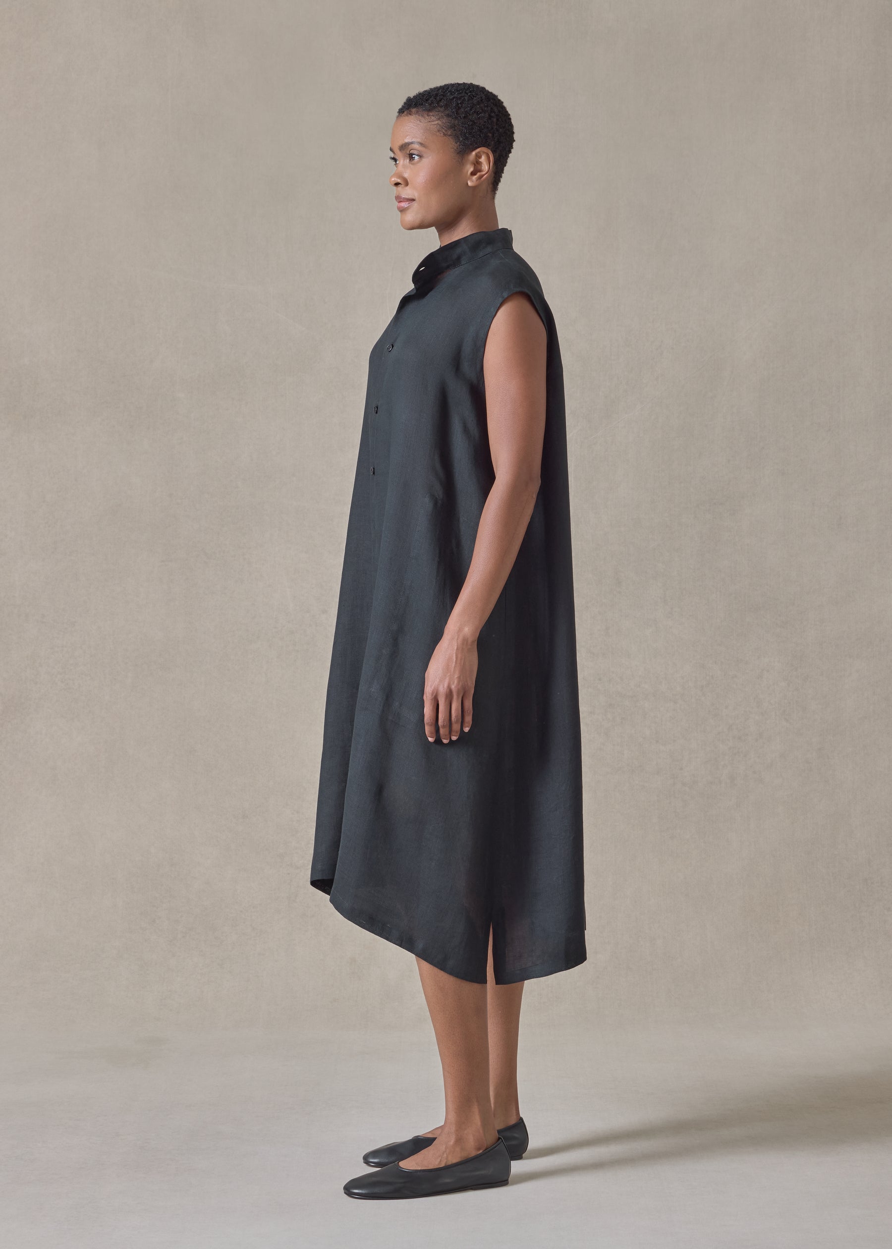 linen a-line collarless sleeveless shirt dress