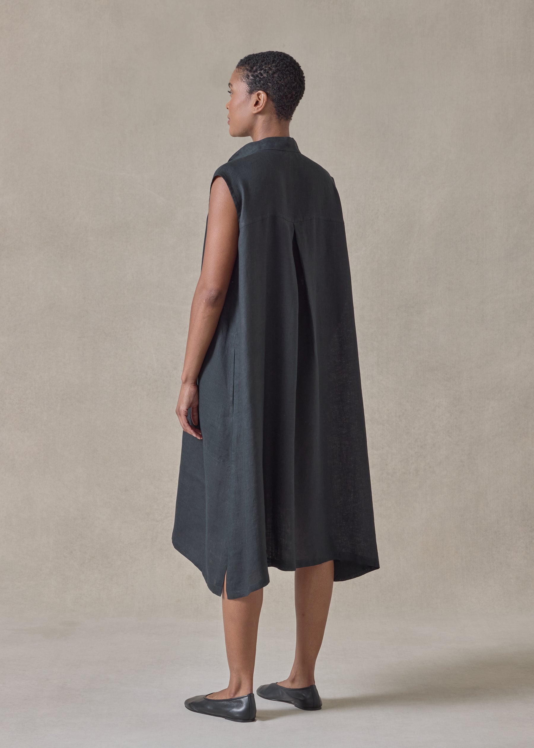 linen a-line collarless sleeveless shirt dress