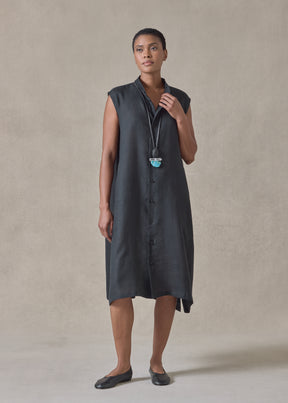 linen a-line collarless sleeveless shirt dress