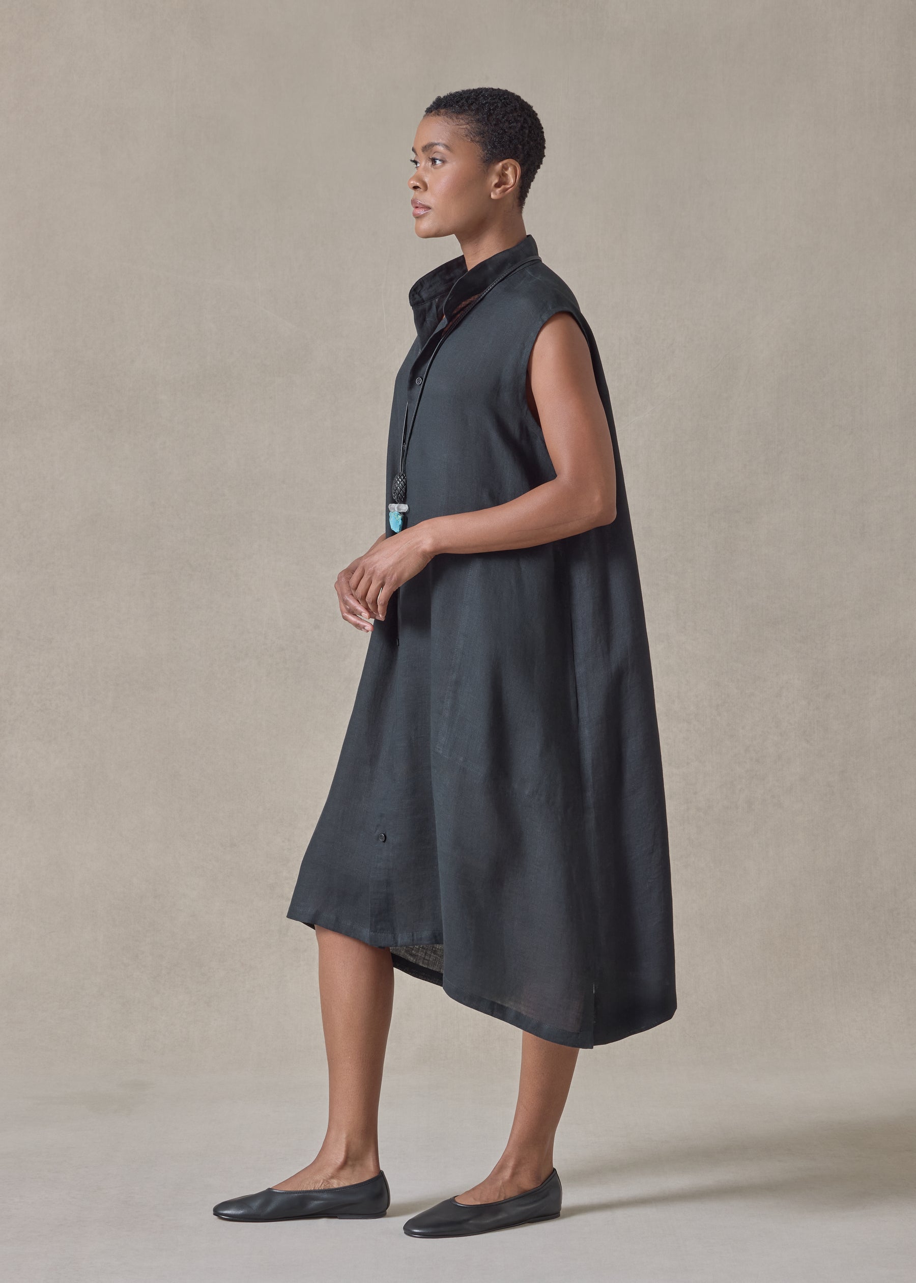 linen a-line collarless sleeveless shirt dress