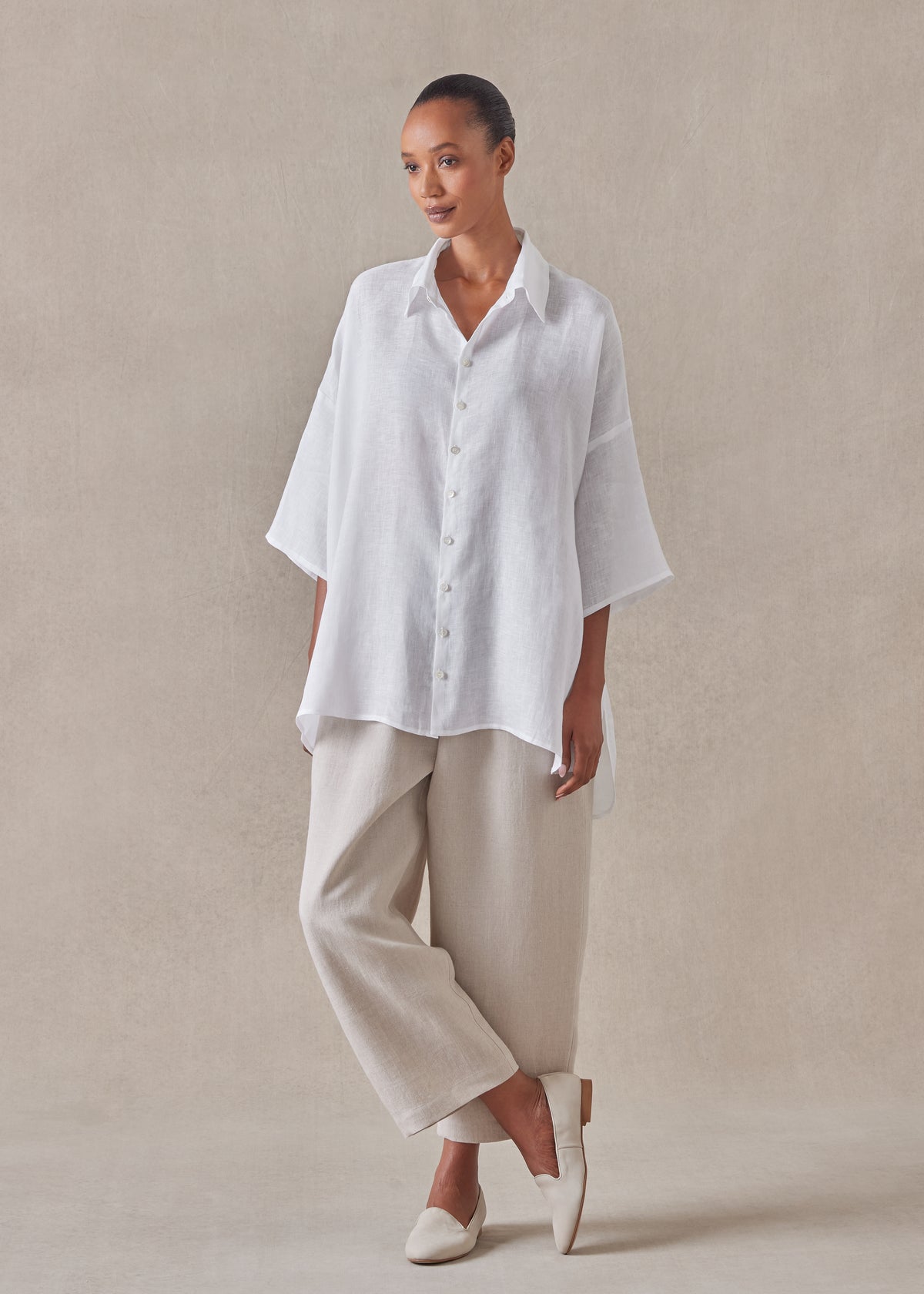 linen sloped shoulder wide a-line short sleeve shirt with collar - long