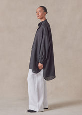 linen wide a-line collarless classic shirt - long plus