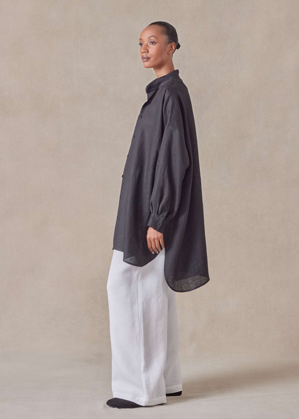 handkerchief linen wide a-line collarless classic shirt - long plus (black)