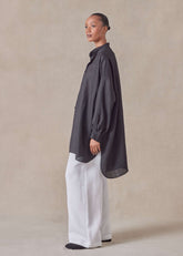 handkerchief linen wide a-line collarless classic shirt - long plus (black)